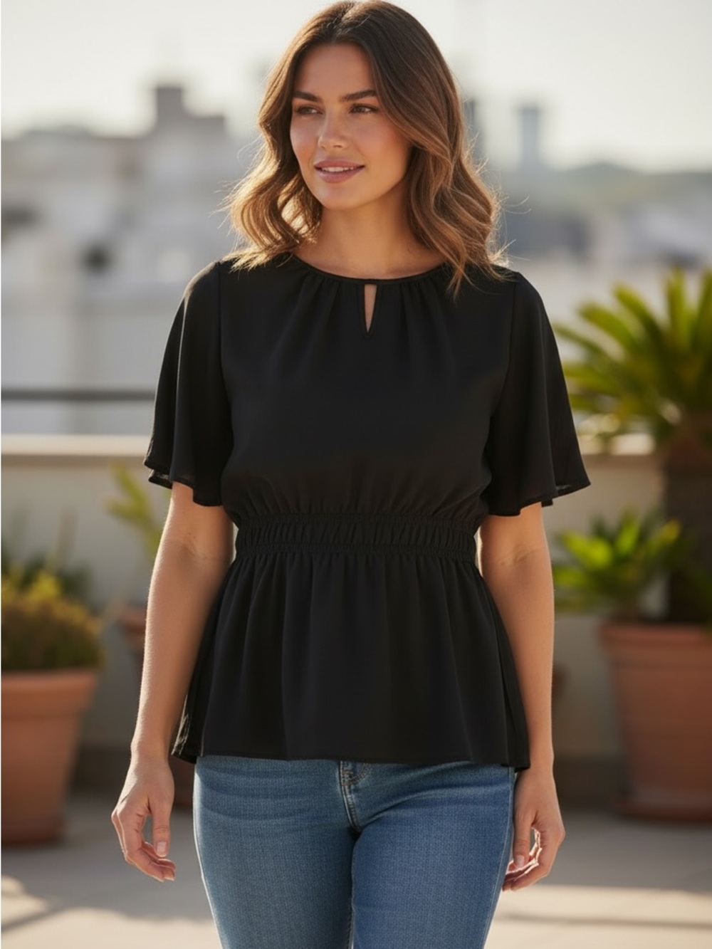 Brand New! IMAN Global Chic Flutter-Sleeve Peplum Top Size Medium